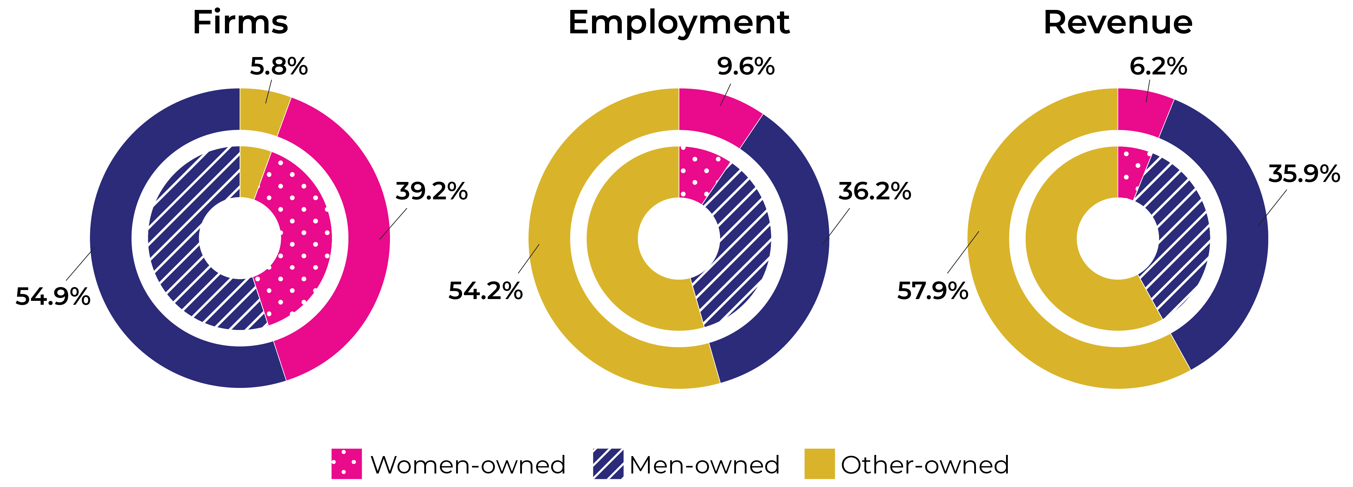 Firms: 39.2% women owned, 54.9% men owned, 5.8% other owned. Employment: 9.6% women owned, 36.2% men owned, 54.2% other owned. Revenue: 6.2% women owned, 35.9% men owned, 57.9% other owned.