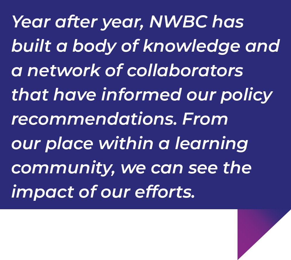 Year after year, NWBC has built a body of knowledge and a network of collaborators that have informed our policy recommendations. From our place within a learning community, we can see the impact of our efforts.